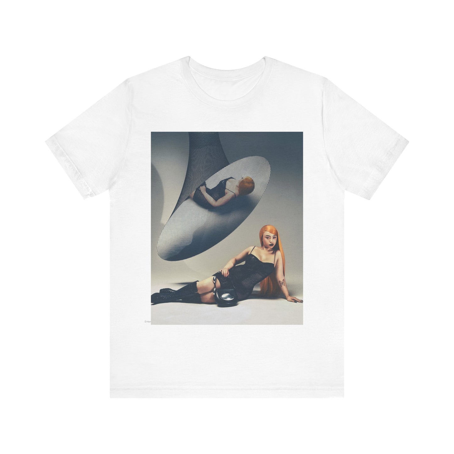 A black graphic t-shirt featuring a laid-back graphic of Ice Spice as a viral rap star.