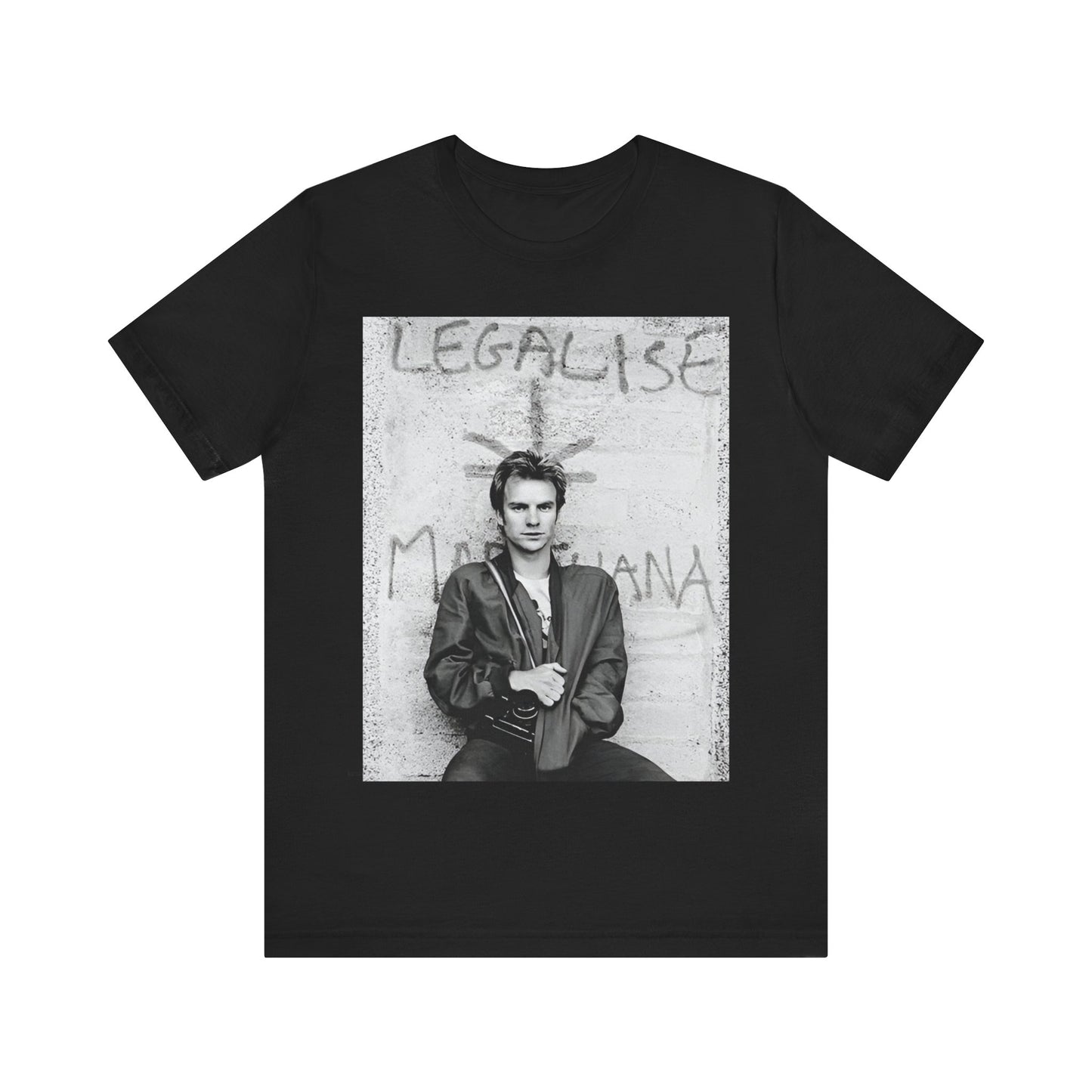 A black graphic t-shirt featuring a graphic of The Police with reggae-influenced pop elements.