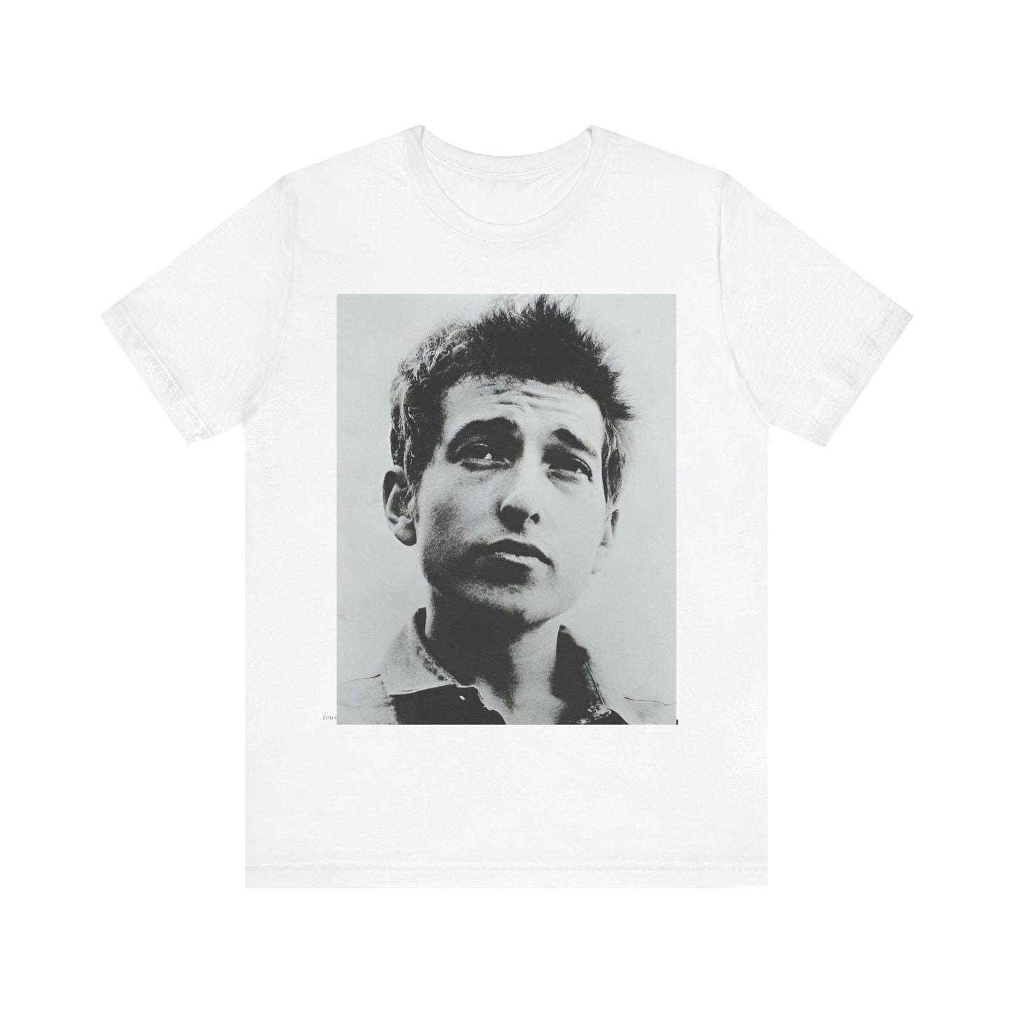 A black graphic t-shirt featuring a retro black and white folk iconic graphic of Bob Dylan.