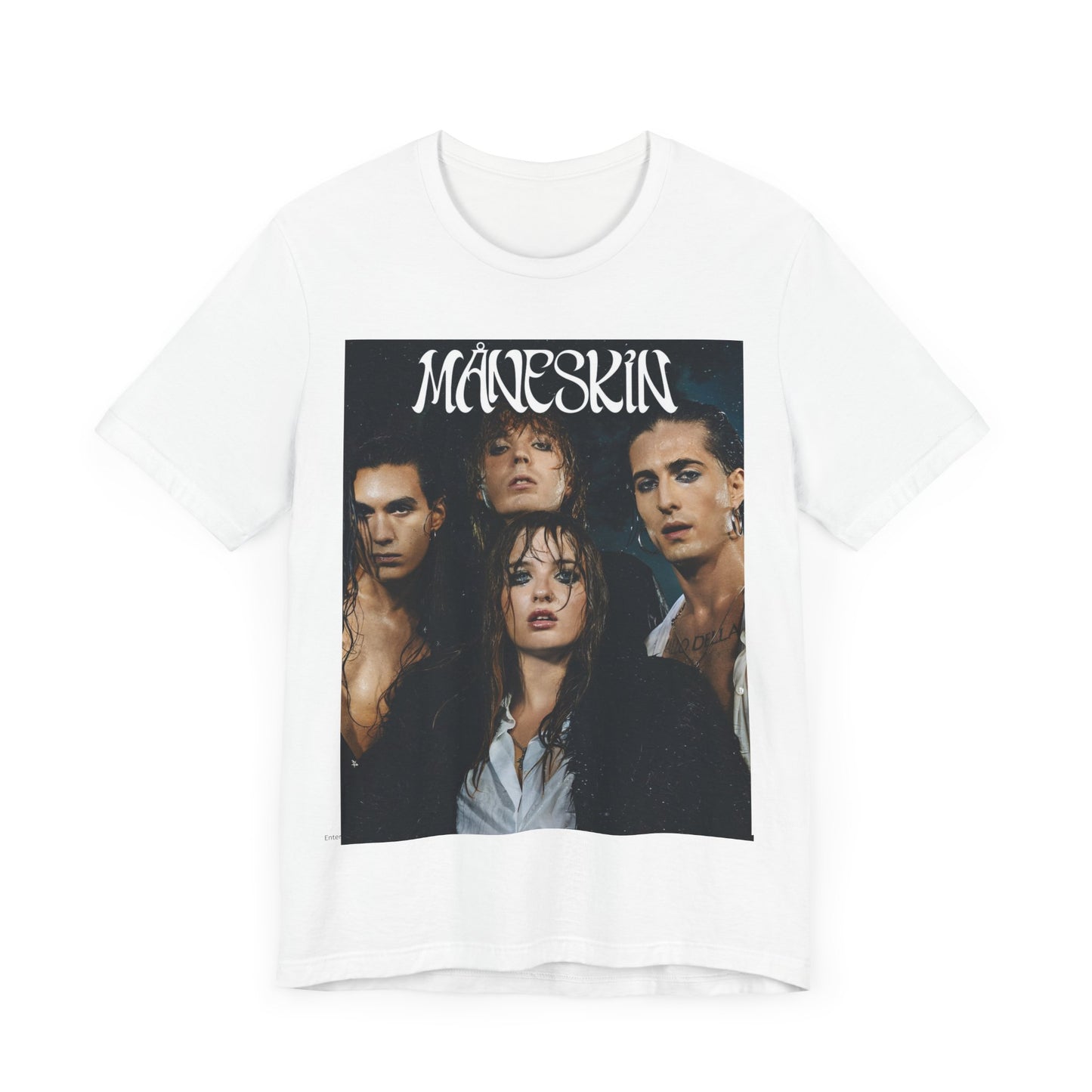 A black graphic t-shirt featuring a graphic of Maneskin with cool Italian rock vibes.