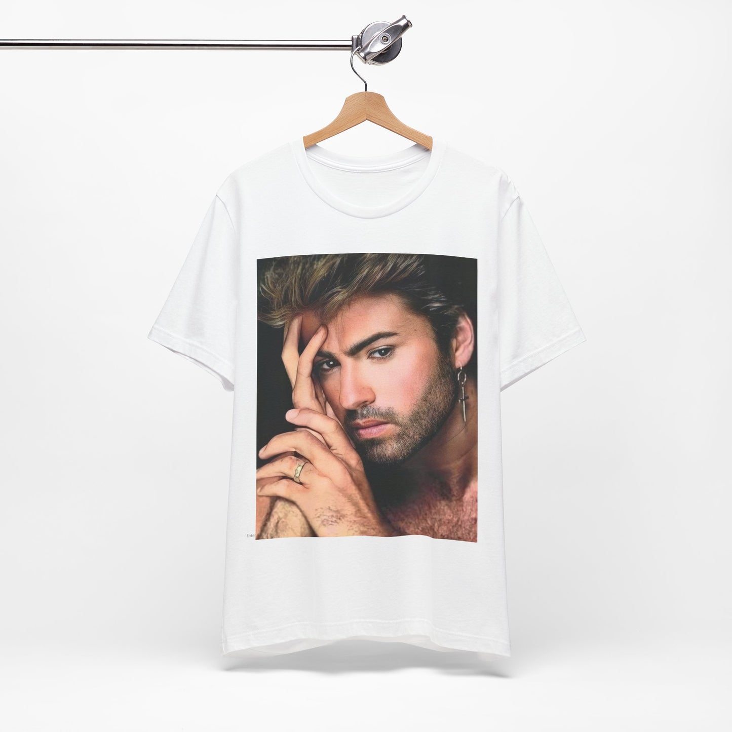 A black graphic t-shirt featuring a graphic of George Michael with a feel-good 80s vibe.