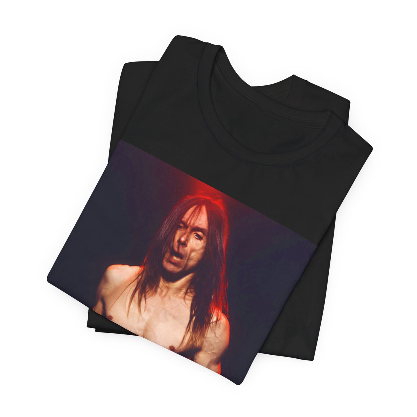 A black graphic t-shirt featuring a graphic related to Iggy Pop's 'Raw Power' era.