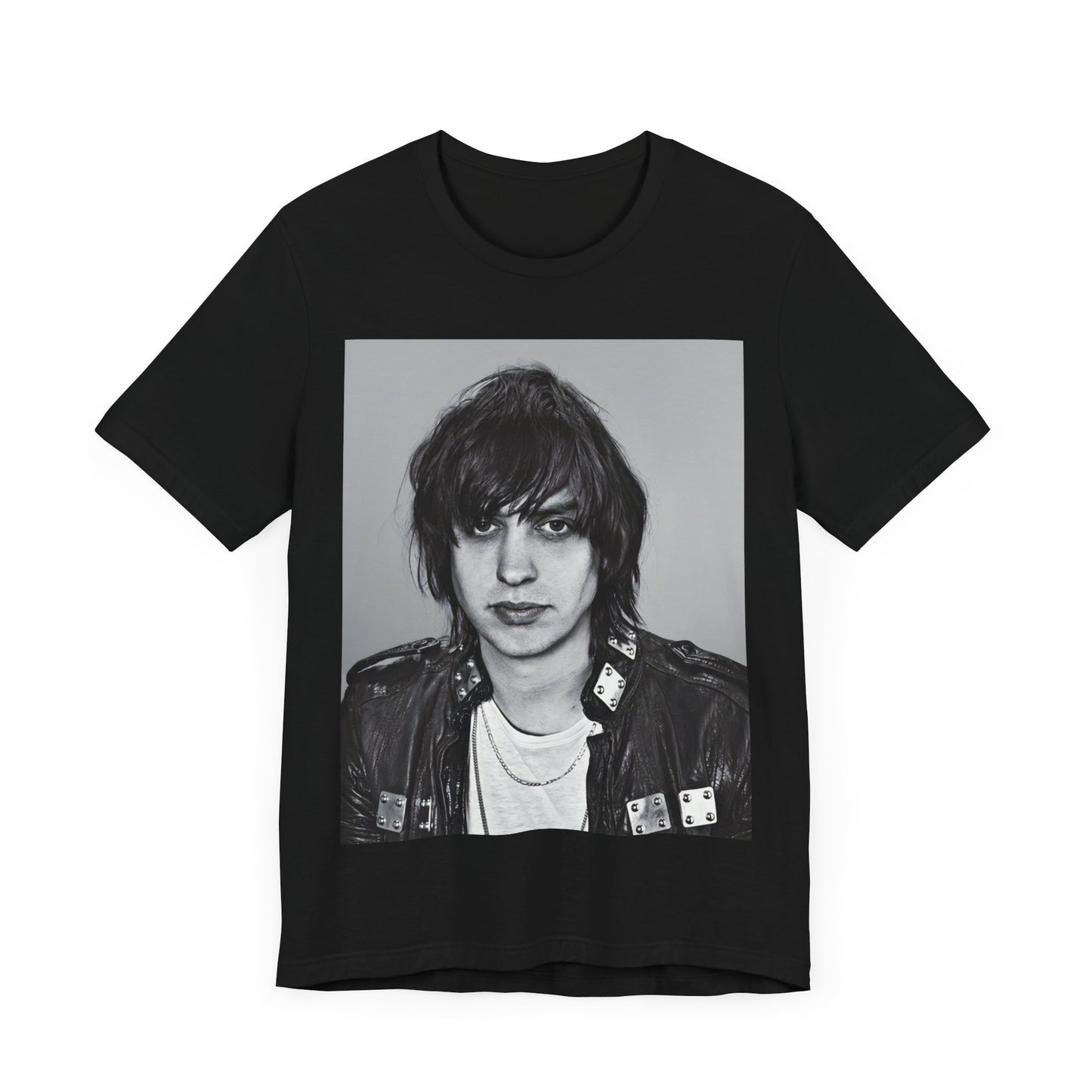 A black graphic t-shirt featuring a portrait photo of Julian Casablancas from The Strokes.