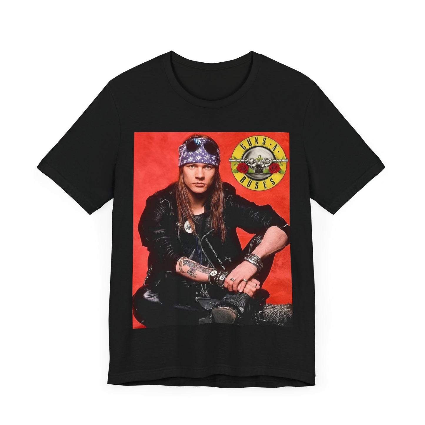 A black graphic t-shirt featuring a classic 90s rock graphic of Guns N' Roses.