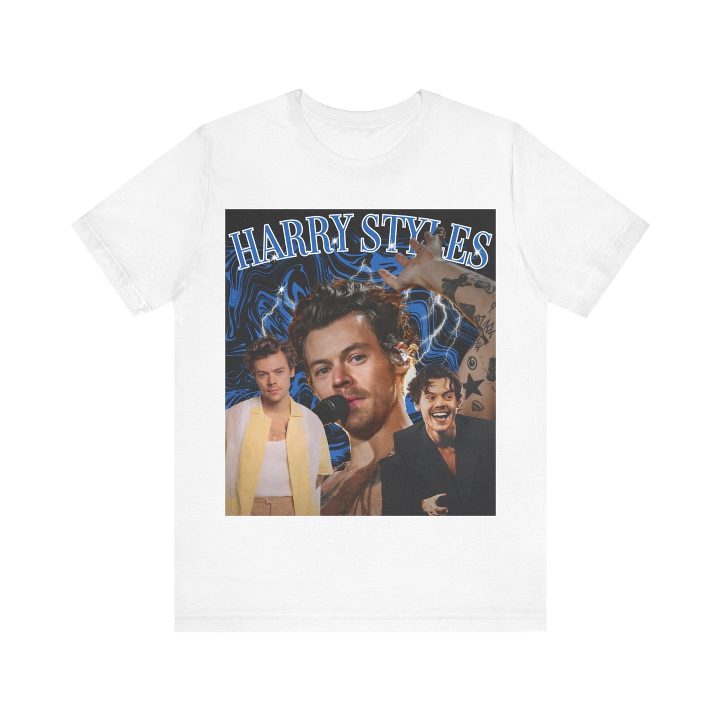 A black graphic t-shirt featuring an aesthetic bootleg graphic of Harry Styles.