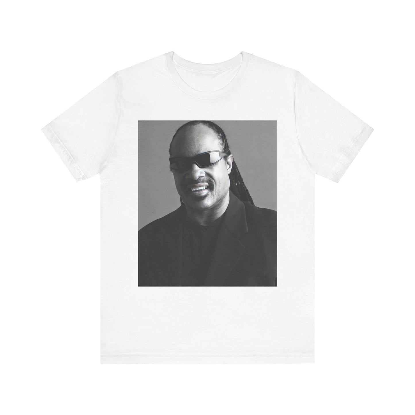 A black graphic t-shirt featuring a classic Motown legend black and white graphic of Stevie Wonder.