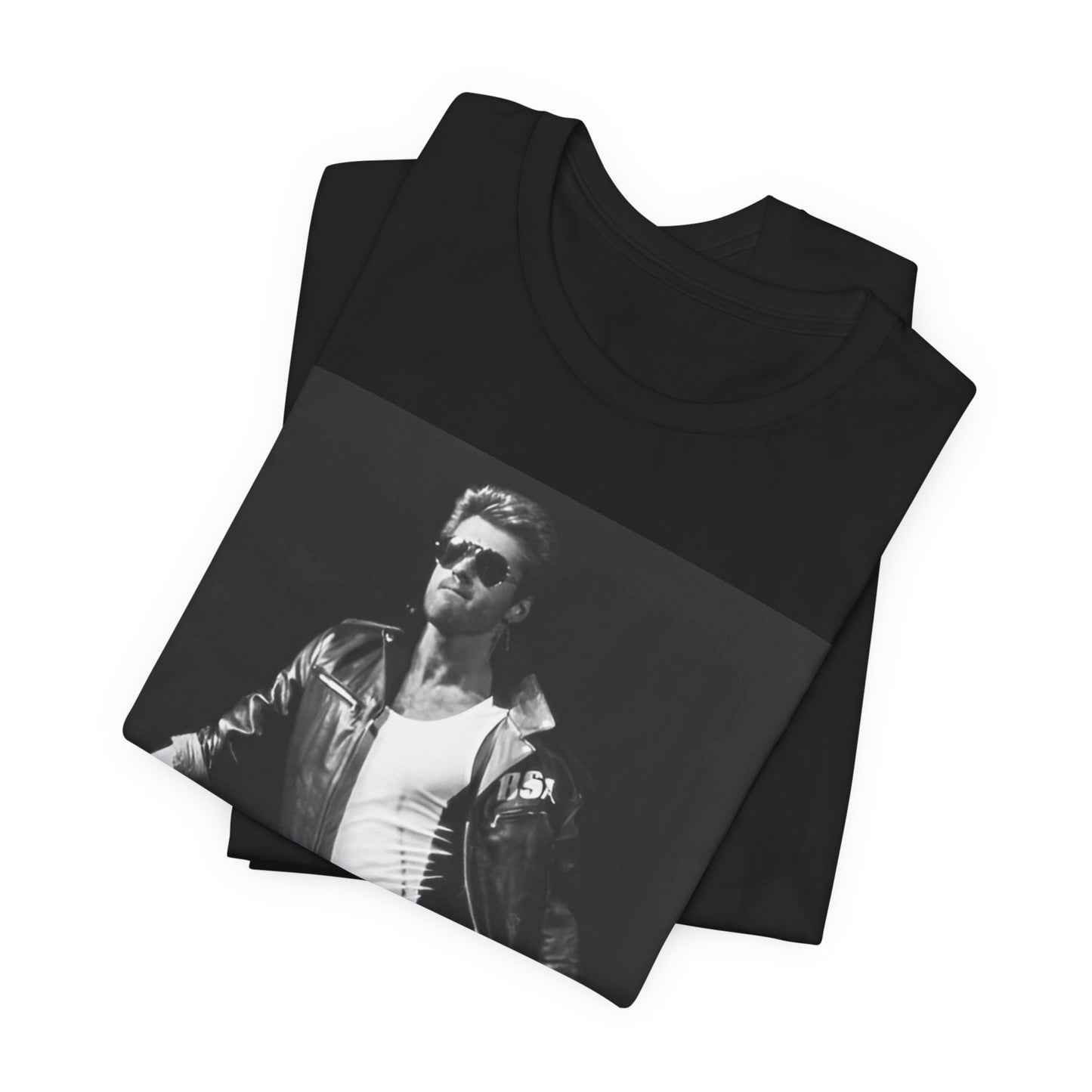 A black graphic t-shirt featuring a retro black and white monochrome graphic or photo of George Michael.