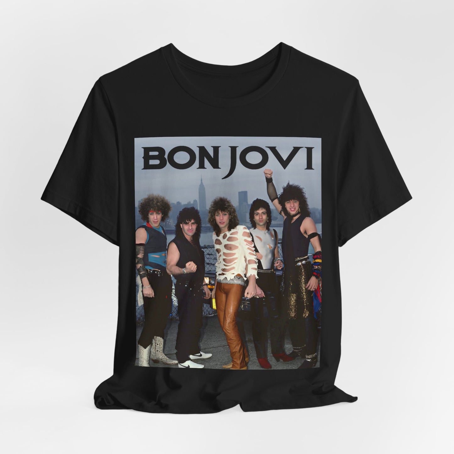 A black graphic t-shirt featuring a graphic related to Bon Jovi's 'Livin' on a Prayer' song or era from the 1980s.
