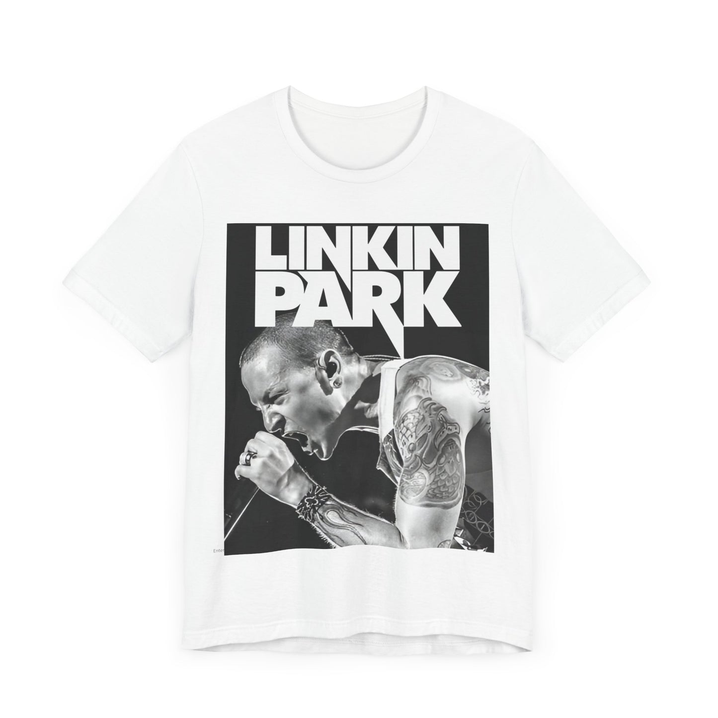 A black graphic t-shirt featuring a black and white graphic or photo portrait of Chester Bennington from Linkin Park.