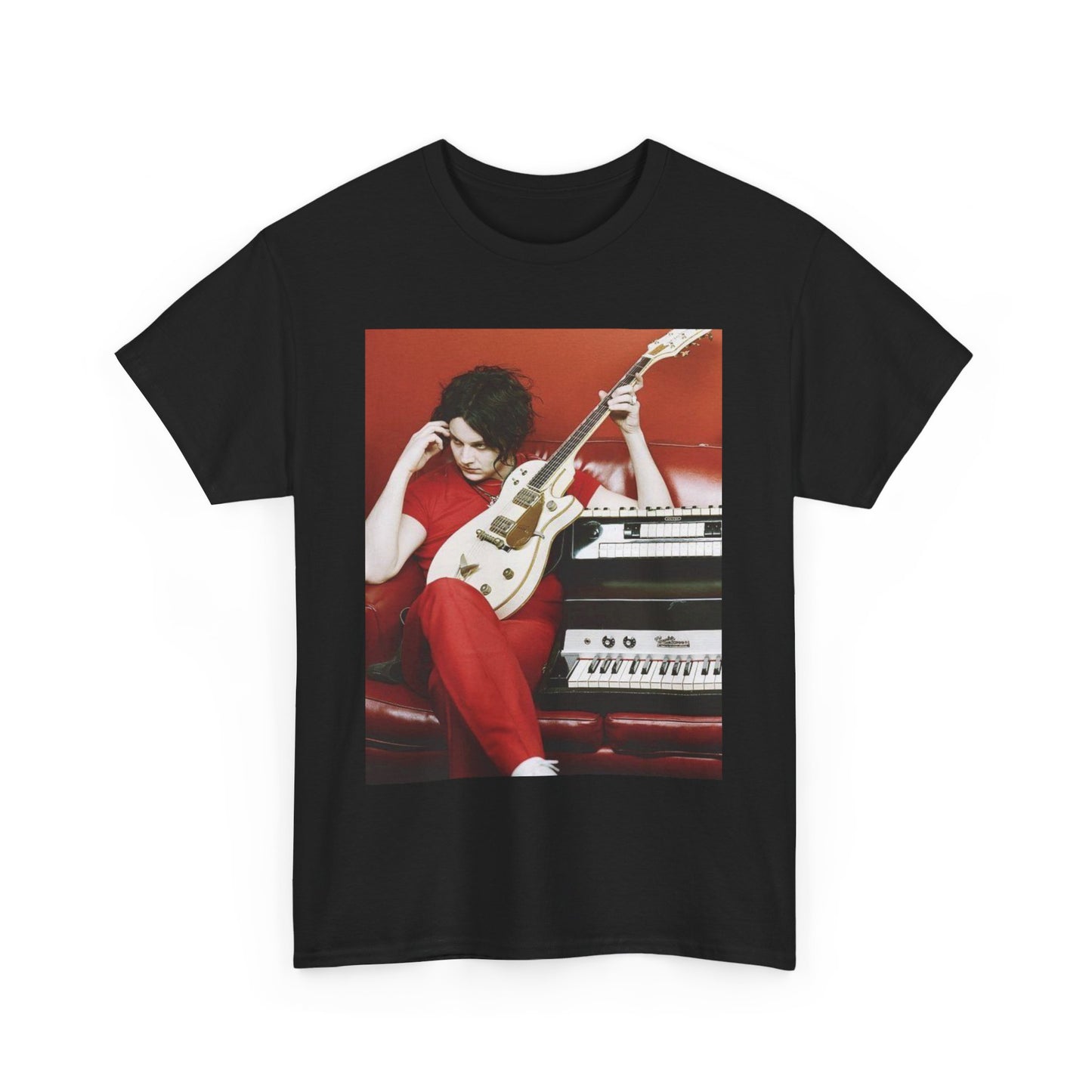 A black graphic t-shirt featuring a retro graphic of The White Stripes with a garage rock aesthetic.