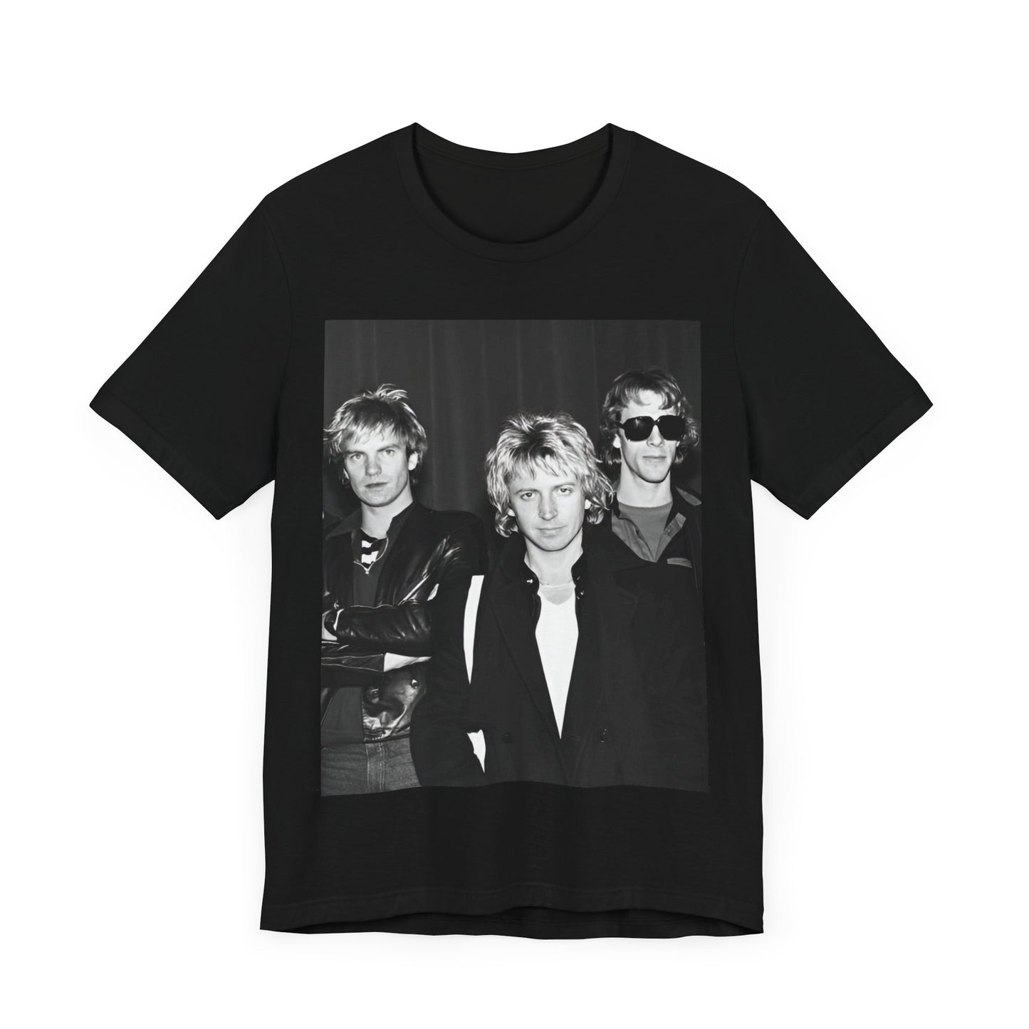 A black graphic t-shirt featuring a black and white, monochrome graphic or photo of The Police.