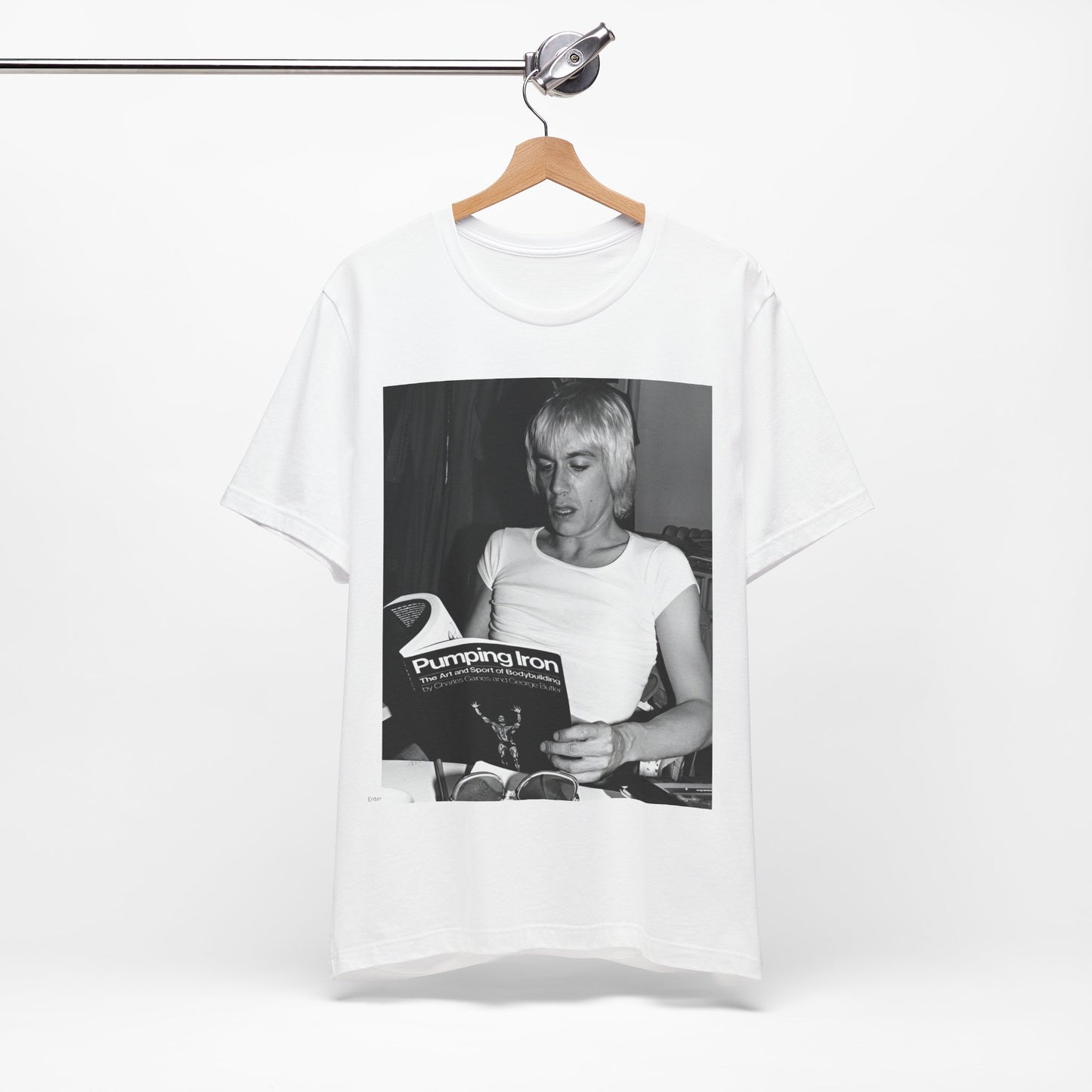 A black graphic t-shirt featuring a 70s classic photo of Iggy Pop and The Stooges.