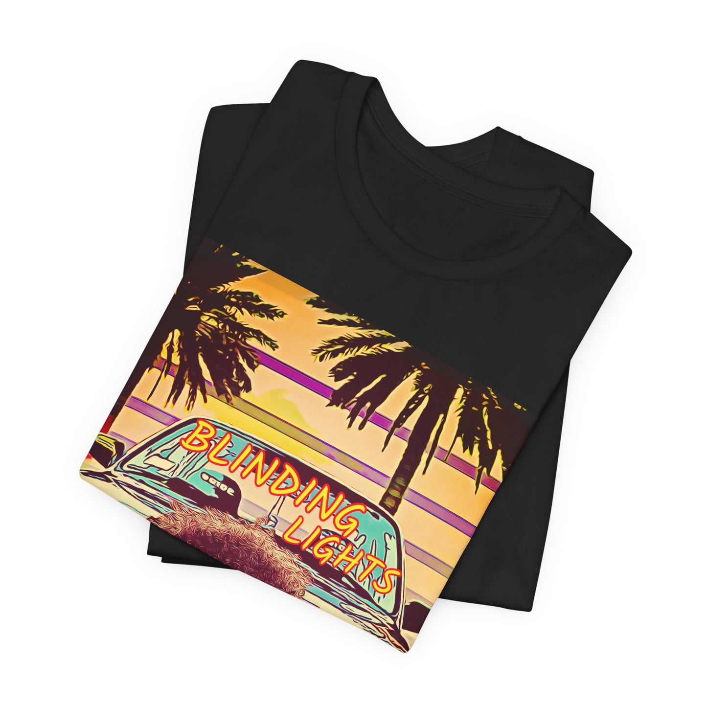 A black graphic t-shirt featuring a graphic related to The Weeknd's 'Blinding Lights' song.