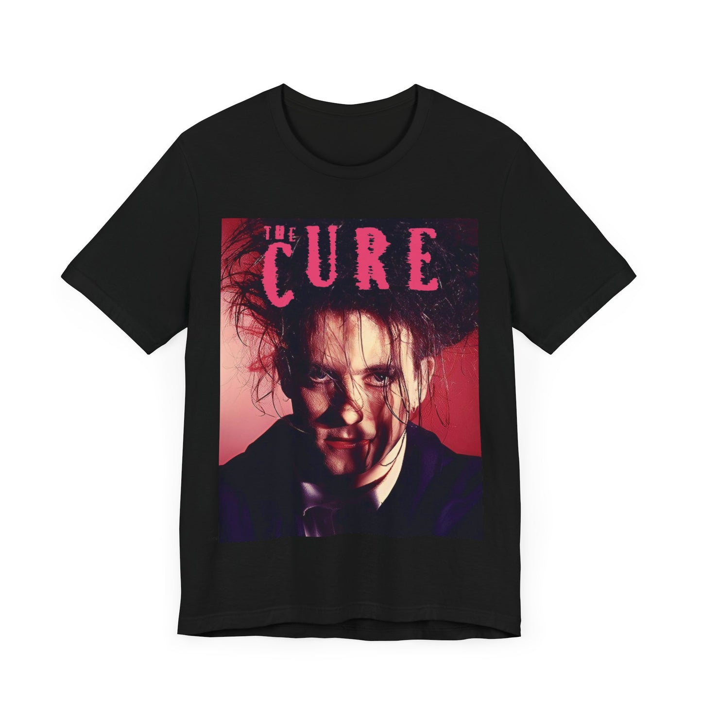 A black graphic t-shirt featuring a vintage graphic related to The Cure's 'Just Like Heaven' song or era.