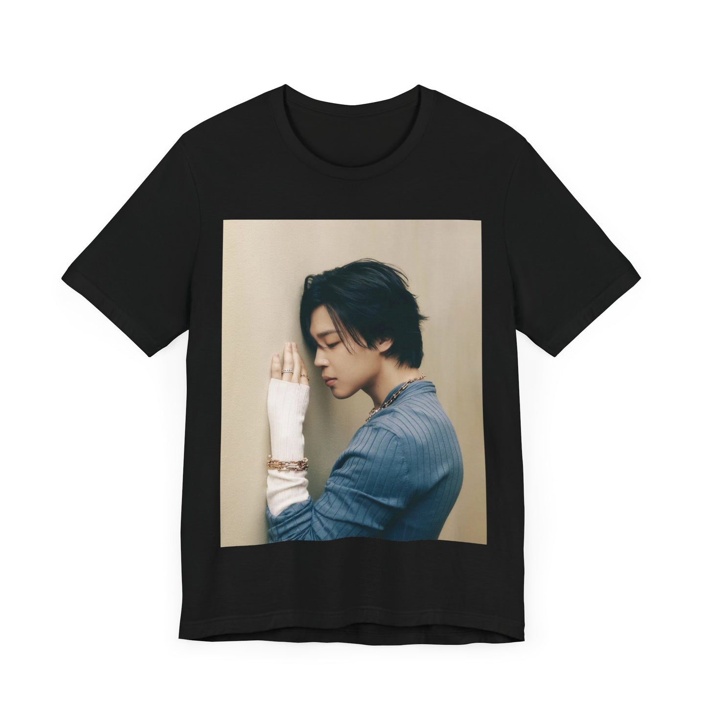 A black graphic t-shirt featuring a cool K-Pop idol essential graphic of Jimin.