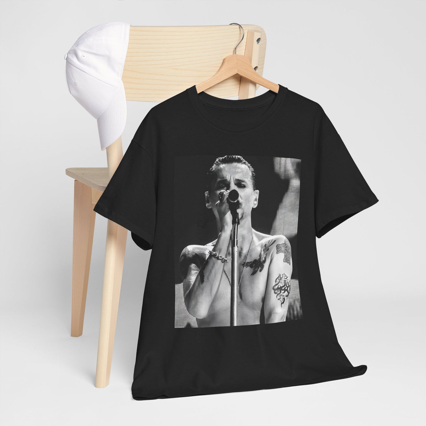 A black graphic t-shirt featuring a graphic related to Depeche Mode's 'Sounds of the Universe' live era.