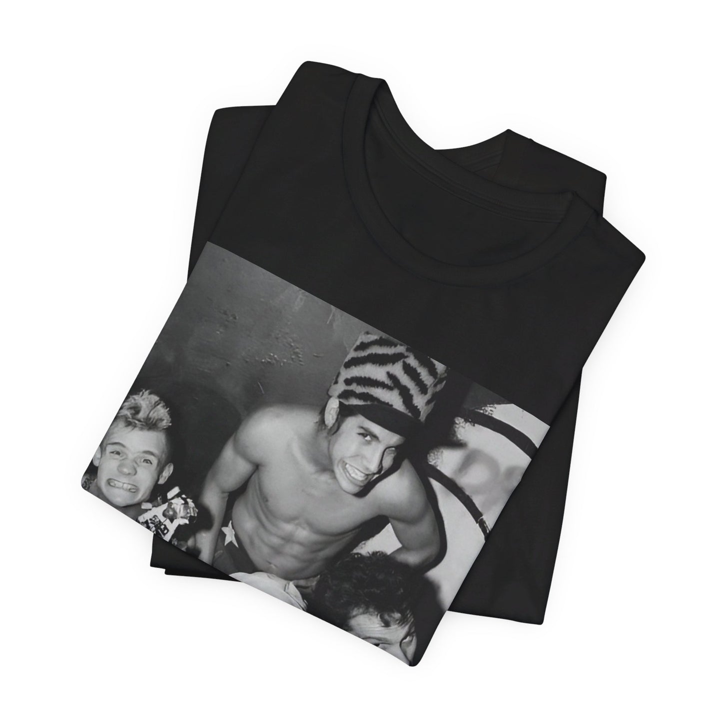 A black graphic t-shirt featuring an 80s vintage funk rock graphic of Red Hot Chili Peppers.