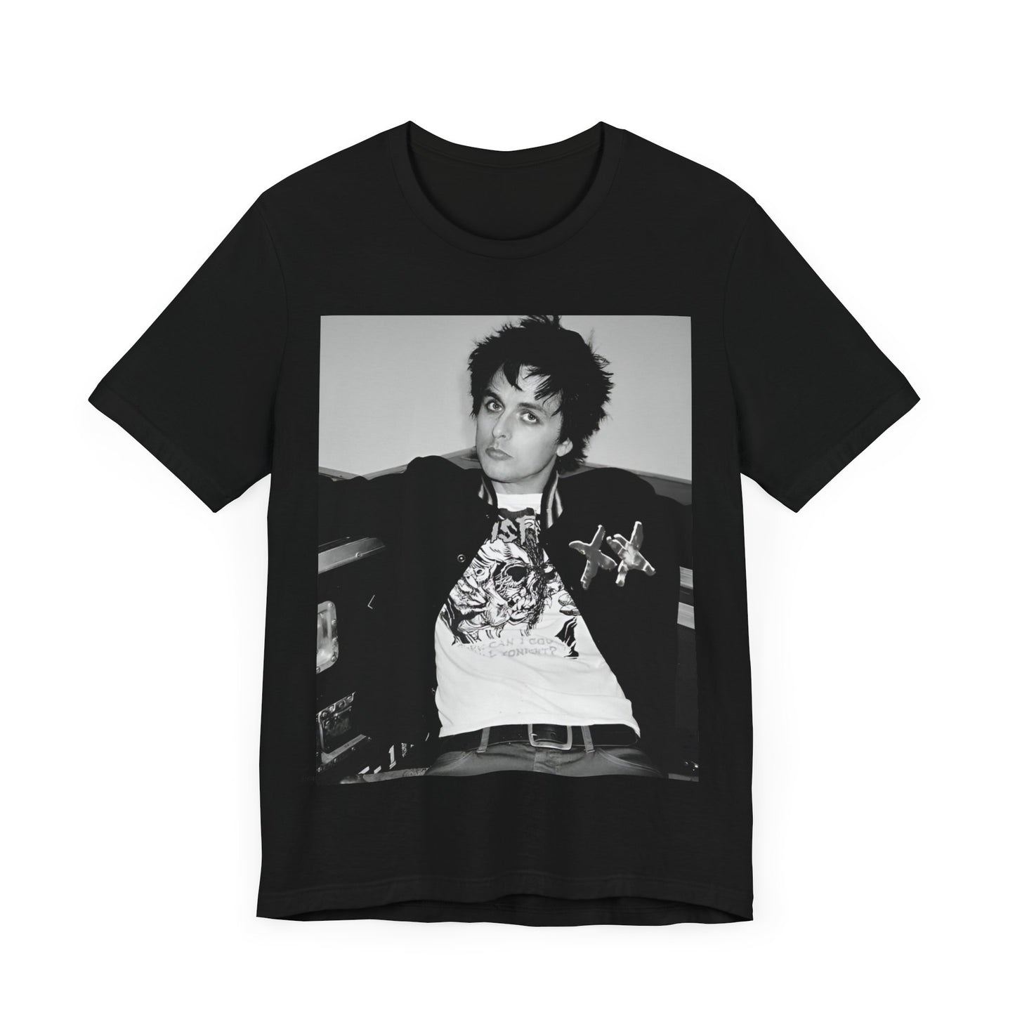 A black graphic t-shirt featuring a graphic of Billie Joe Armstrong from Green Day.