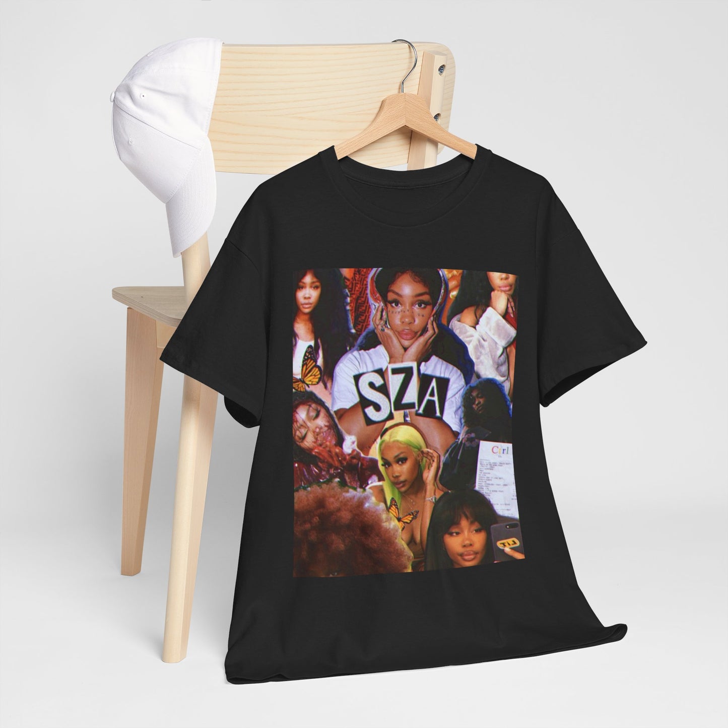 A black graphic t-shirt featuring a bootleg graphic of SZA.