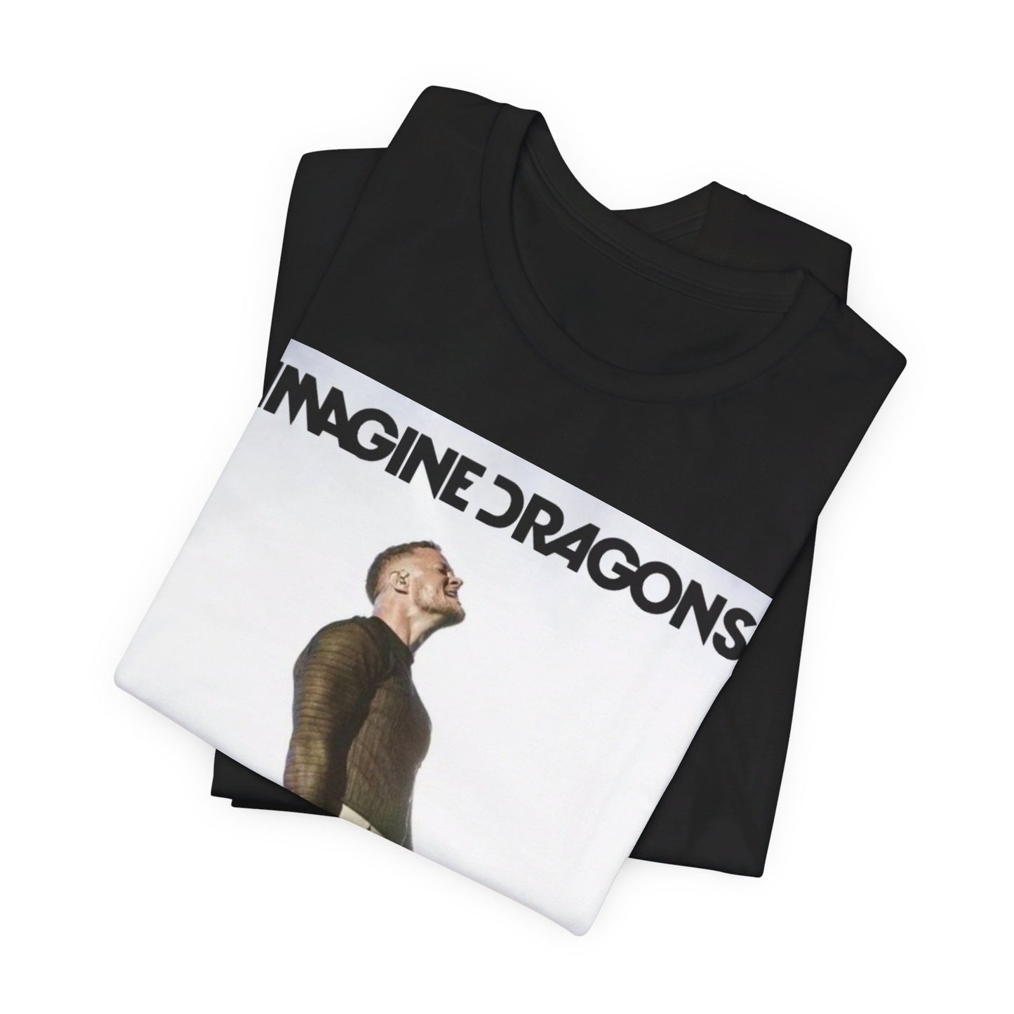 A black graphic t-shirt featuring a graphic related to Imagine Dragons' 'Believer' song or era.
