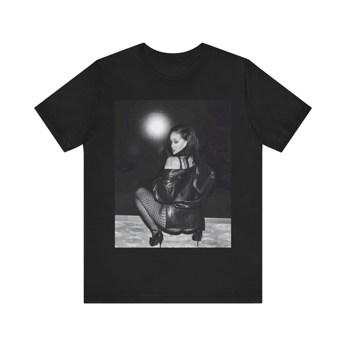 A black graphic t-shirt featuring a black and white sexy graphic of Rihanna.