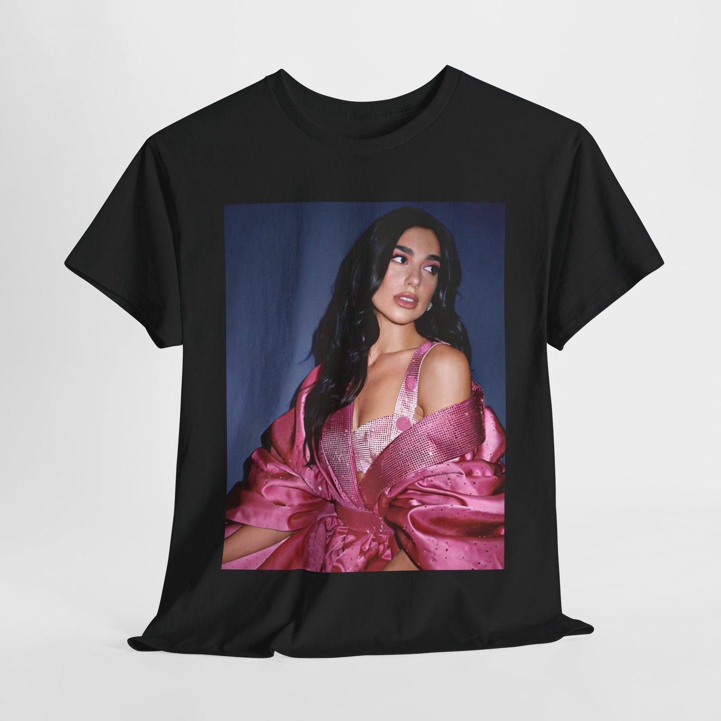 A black graphic t-shirt featuring a retro photo of Dua Lipa from her "Future Nostalgia" era.