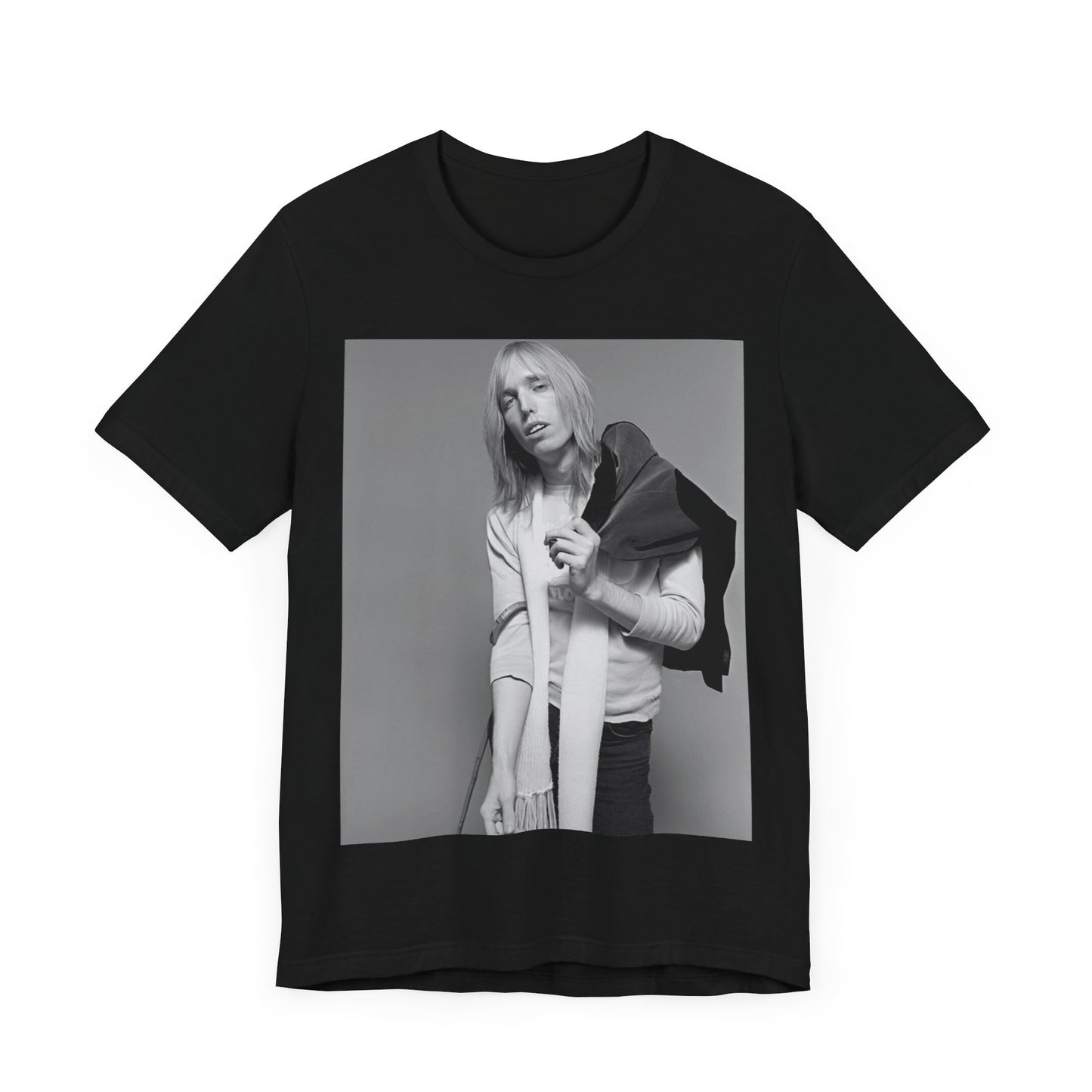 A black graphic t-shirt featuring a modern rock essential graphic of Tom Petty.
