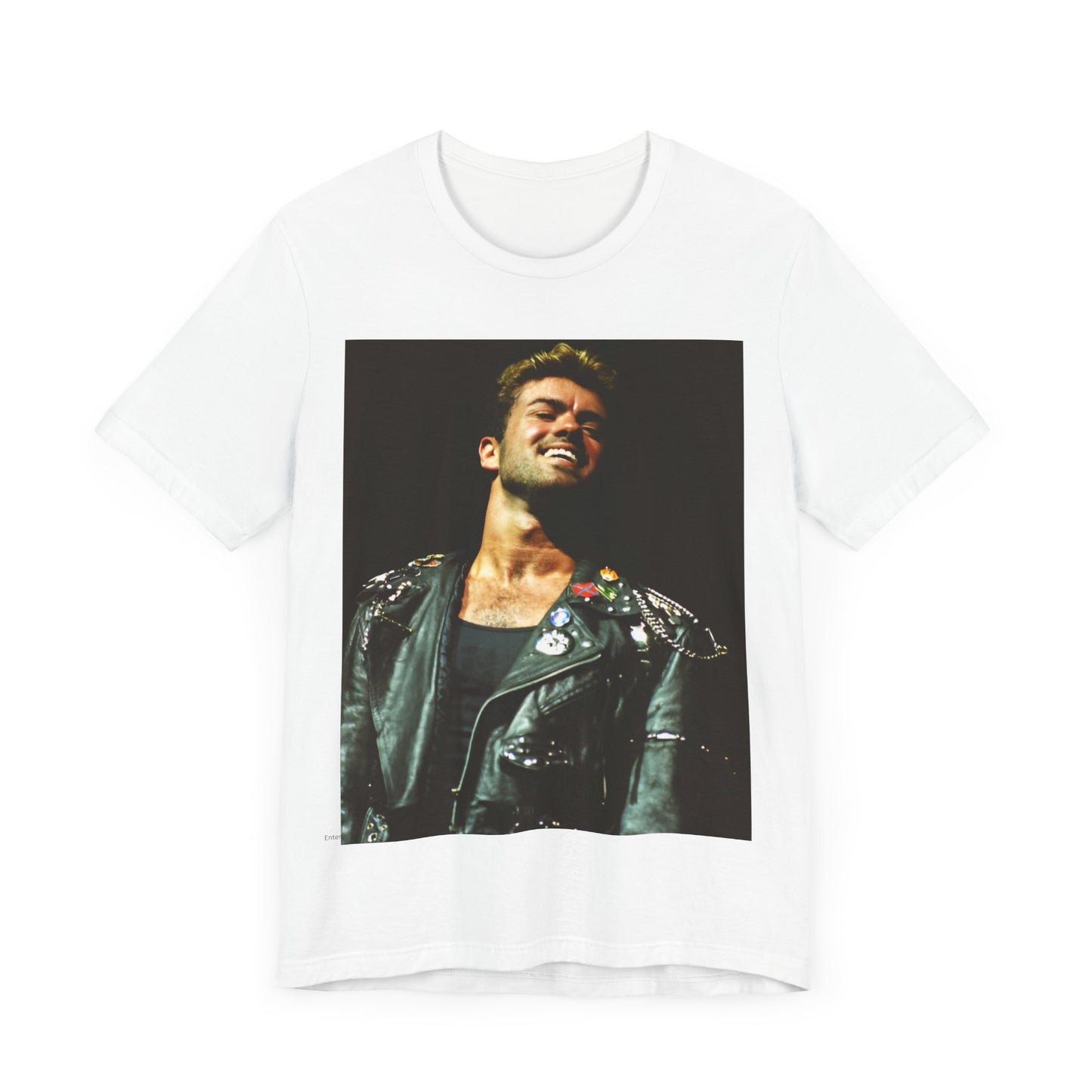 A black graphic t-shirt featuring a graphic related to George Michael's 'Careless Whisper' song or era.