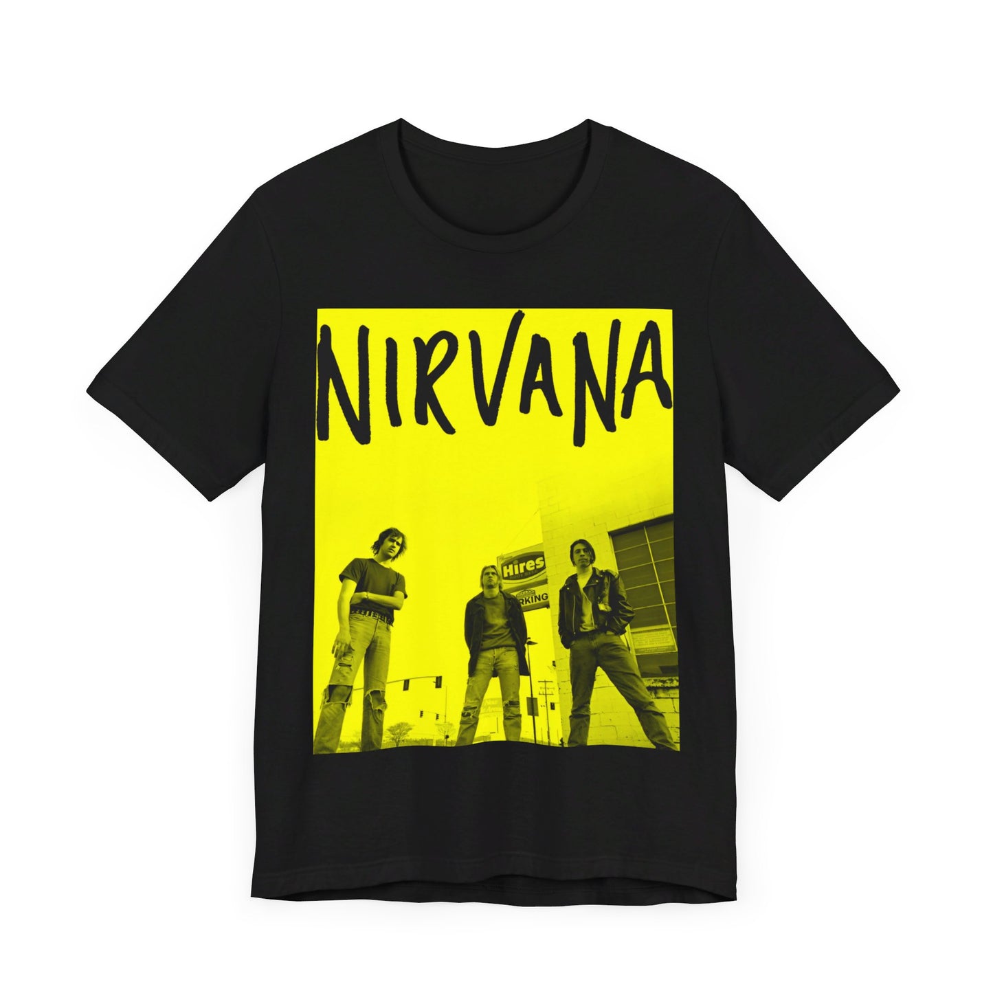 A black graphic t-shirt featuring a neon yellow aesthetic graphic of Nirvana.