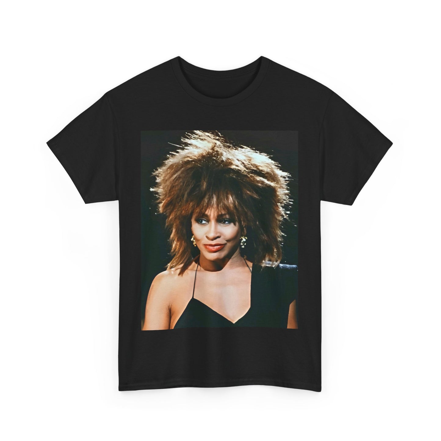 A black graphic t-shirt featuring a graphic of Tina Turner as the Queen of Rock & Roll.