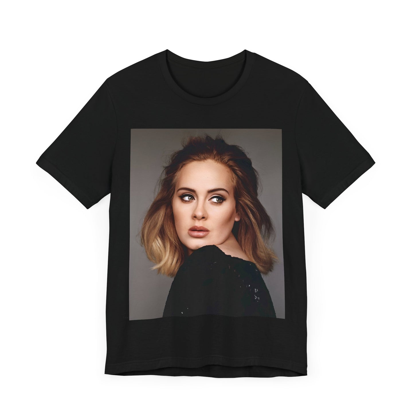 A black graphic t-shirt featuring a studio portrait of Adele from her '25' album era, showing a thoughtful or serene expression.