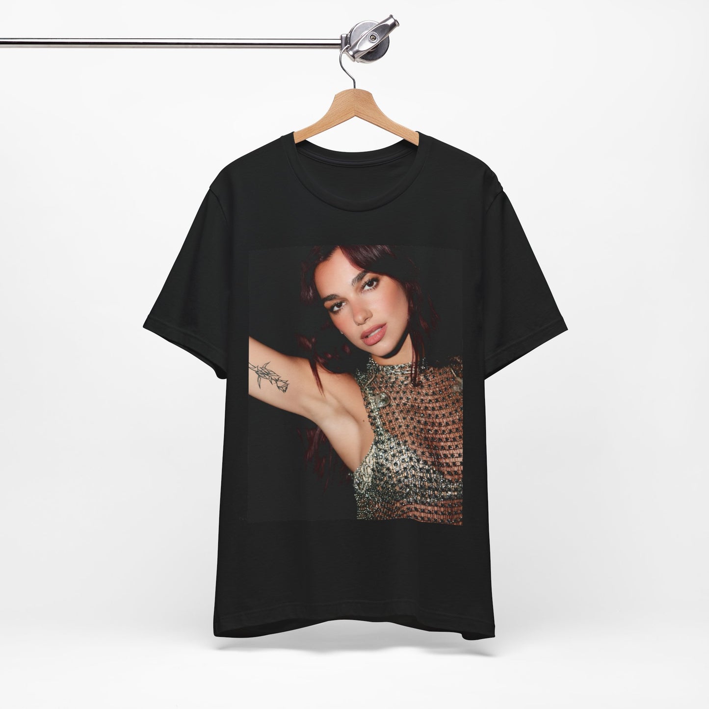 A black graphic t-shirt featuring a retro graphic inspired by Dua Lipa's "Don't Start Now" song.