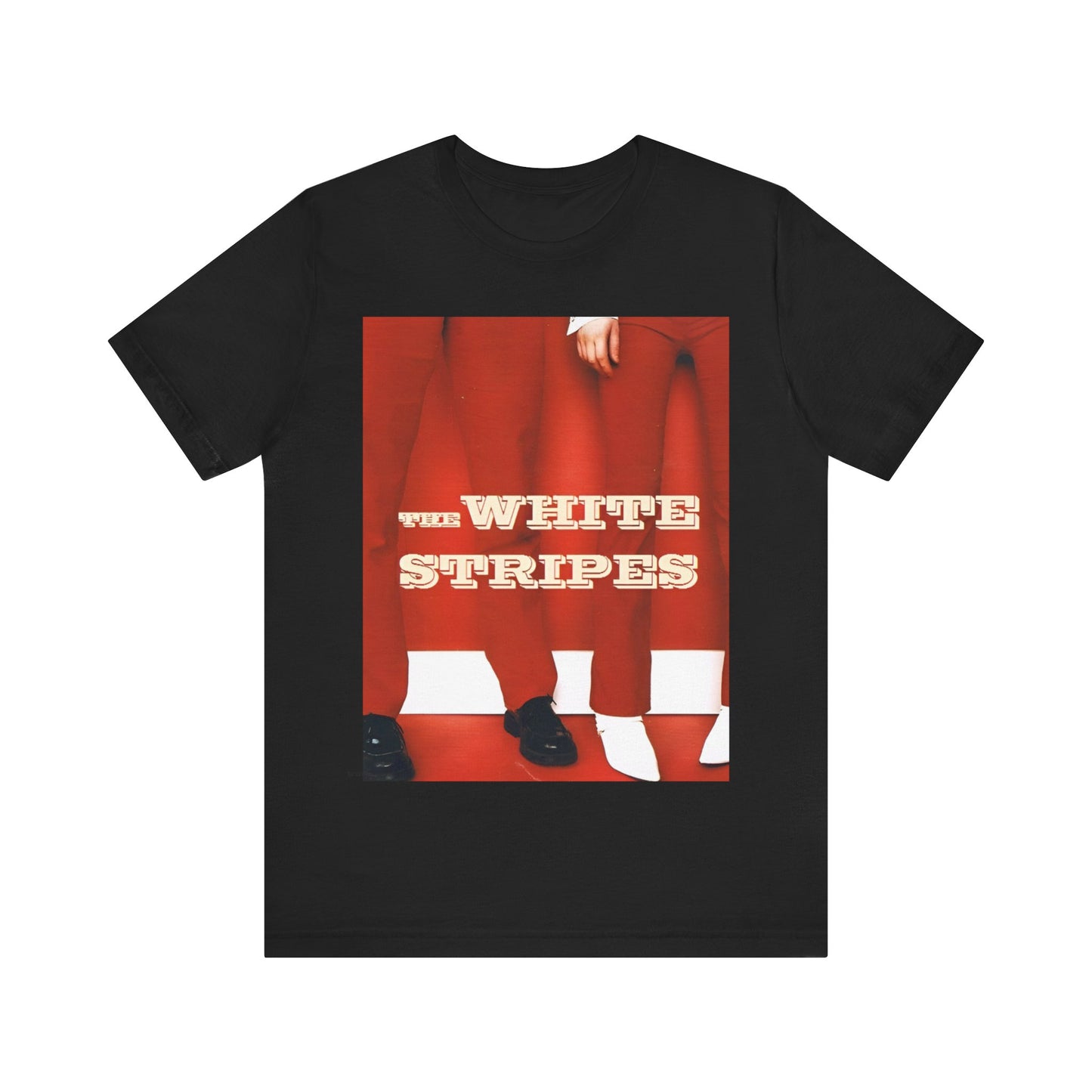 A black graphic t-shirt featuring a red and white signature graphic of The White Stripes.
