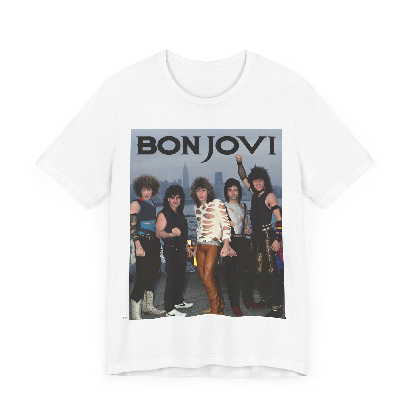 A black graphic t-shirt featuring a graphic related to Bon Jovi's 'Livin' on a Prayer' song or era from the 1980s.