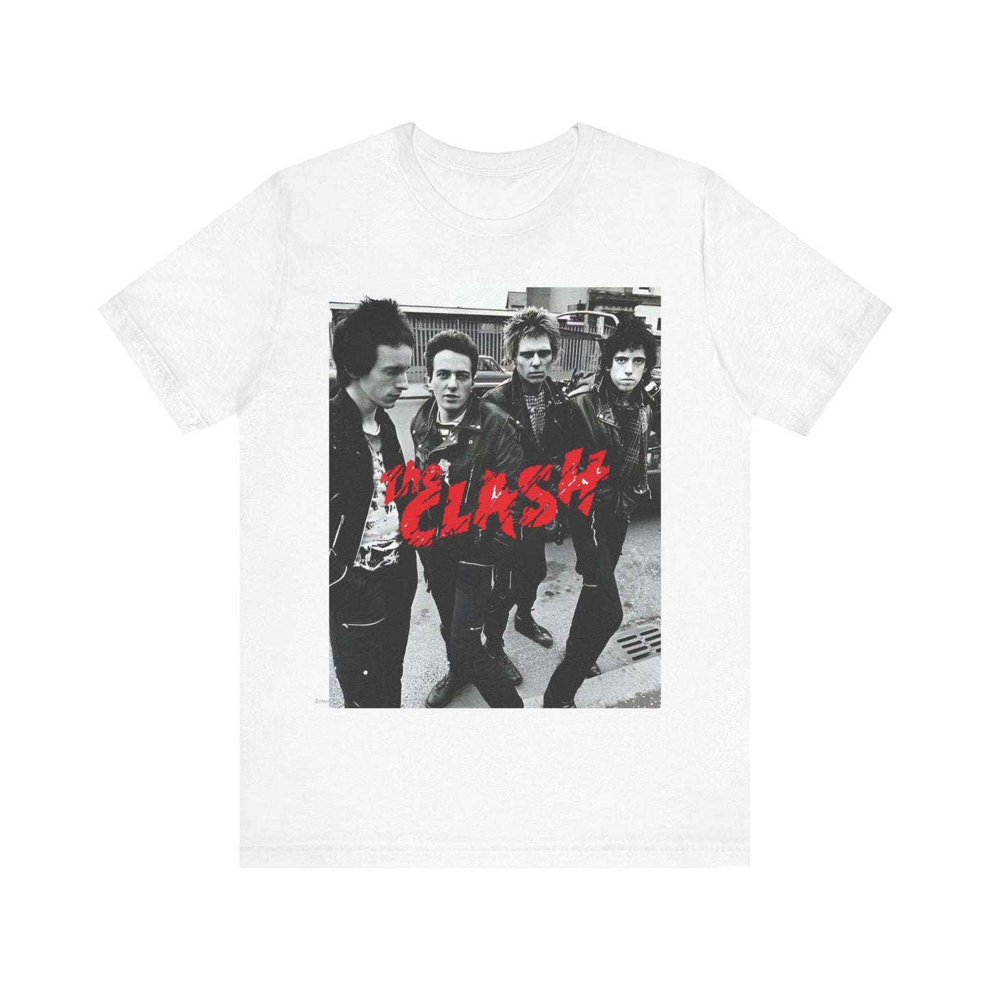 A black graphic t-shirt featuring a graphic of The Clash as punk rock pioneers.