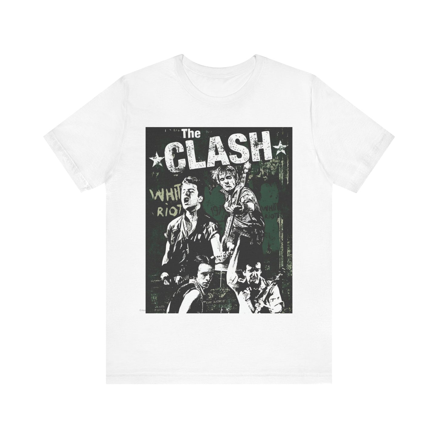 A black graphic t-shirt featuring a graphic related to The Clash's 'White Riot' song.