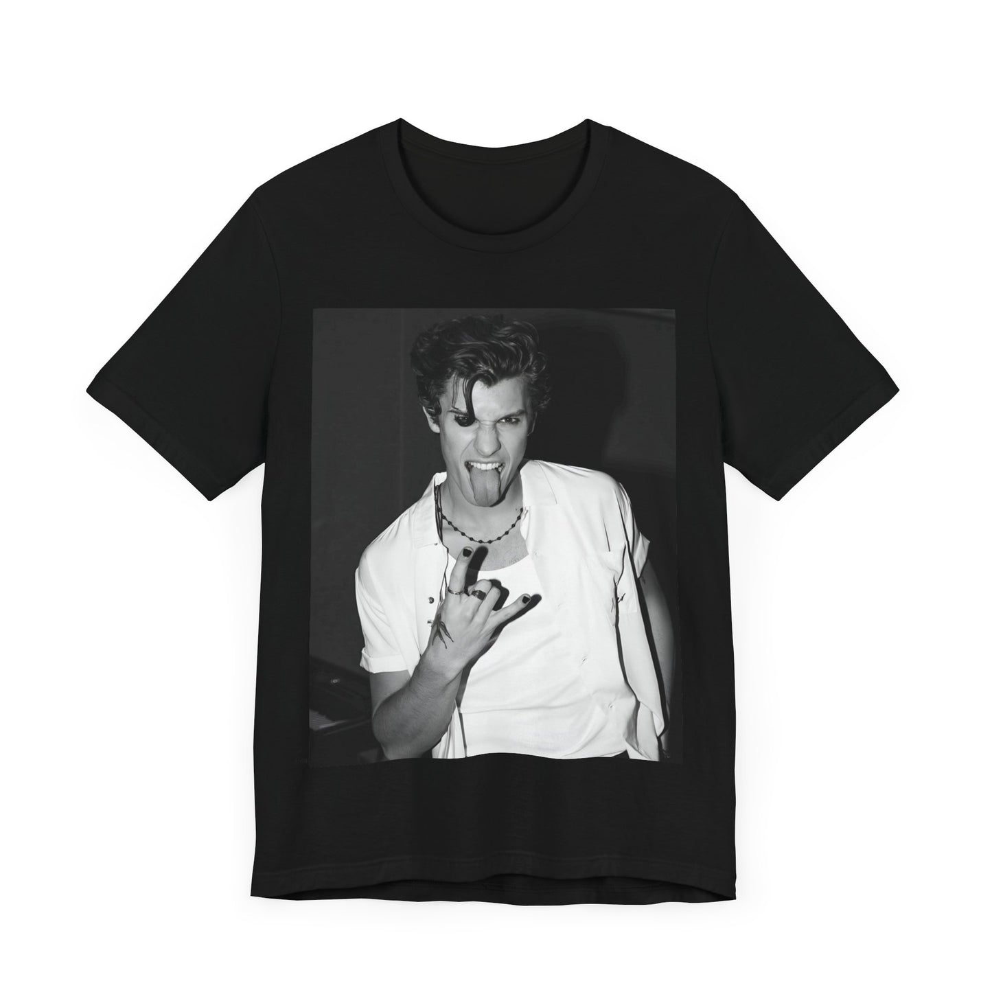 A black graphic t-shirt featuring a casual black and white fan graphic of Shawn Mendes.