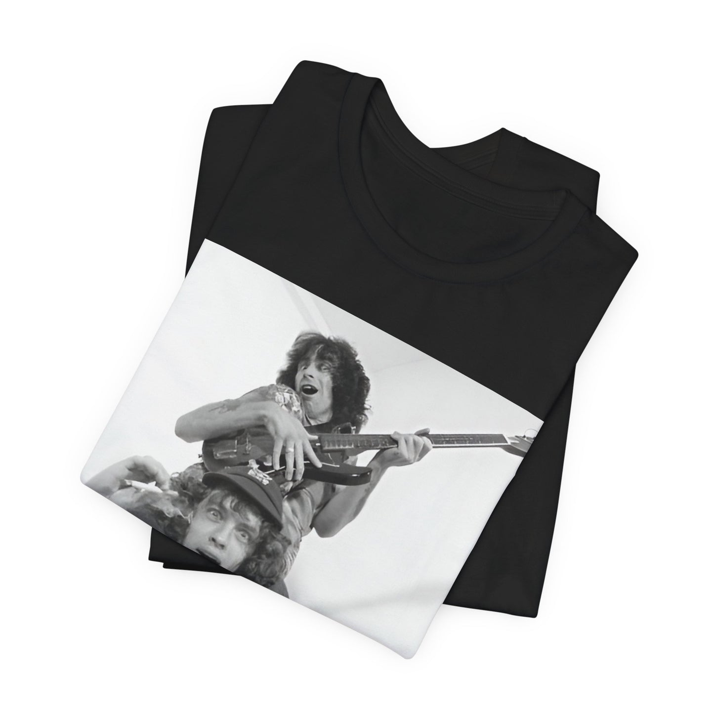 A black graphic t-shirt featuring a split image of AC/DC's Bon Scott and Angus Young, representing the band's iconic duo.