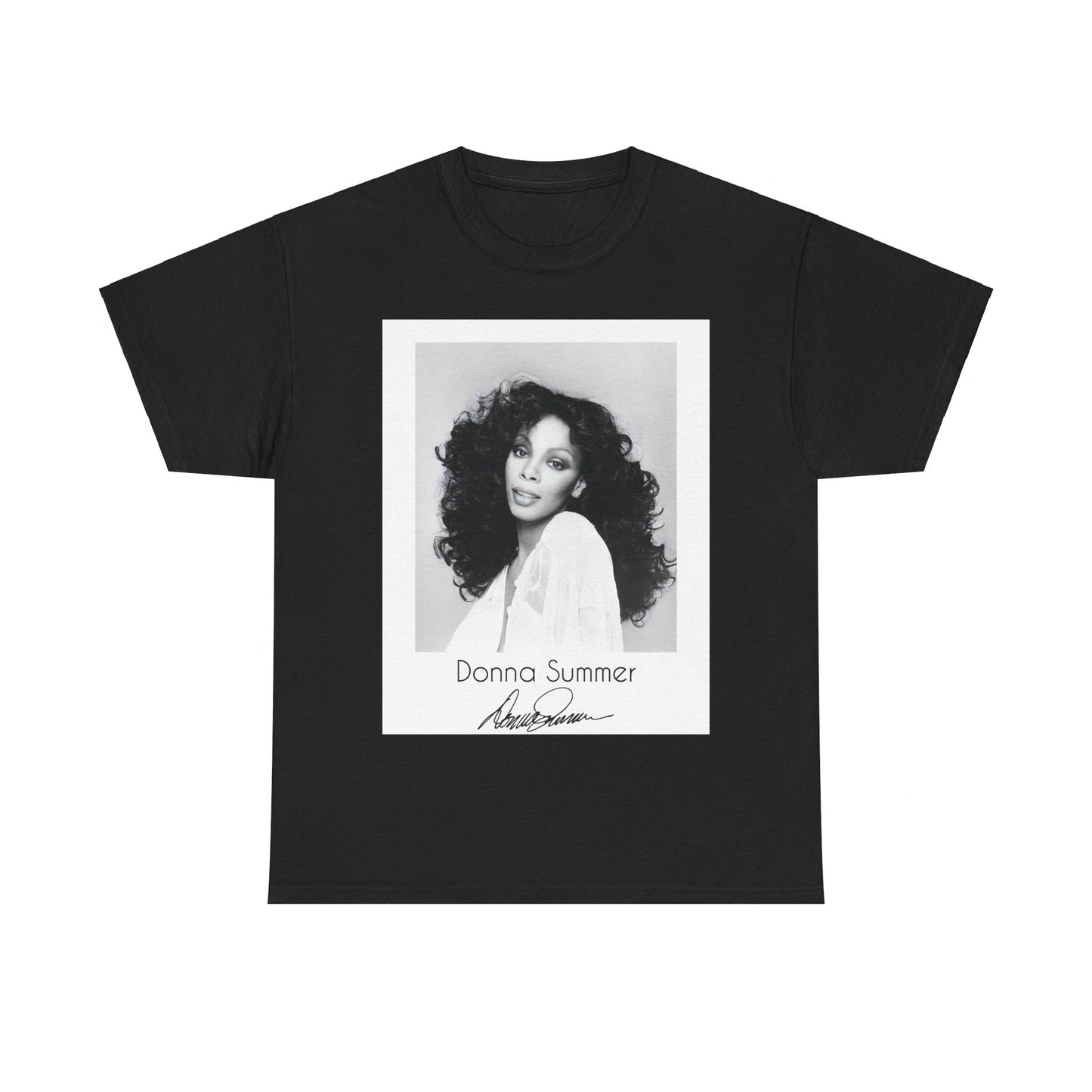 A black graphic t-shirt featuring a portrait of Donna Summer, possibly with her signature or iconic elements.