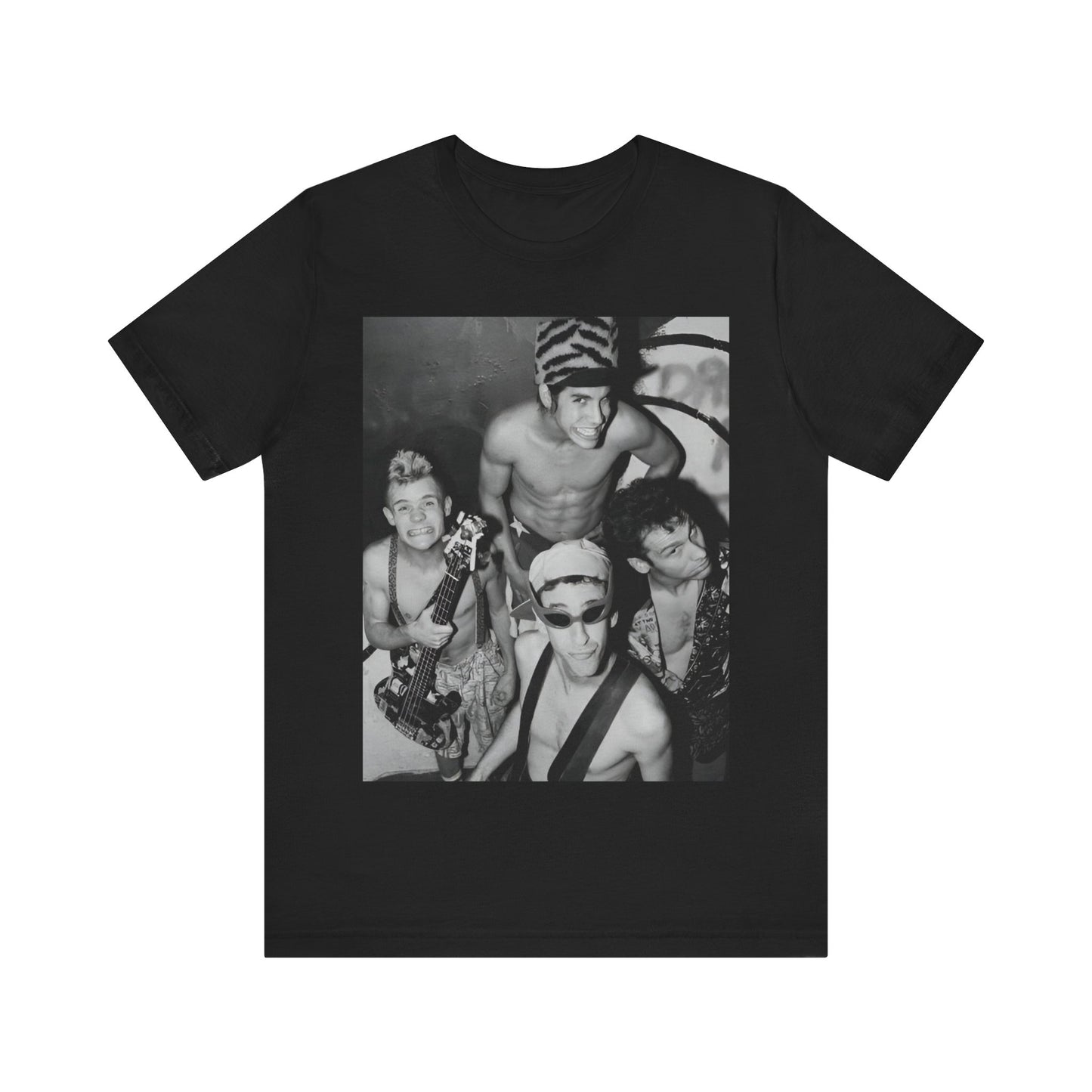 A black graphic t-shirt featuring an 80s vintage funk rock graphic of Red Hot Chili Peppers.