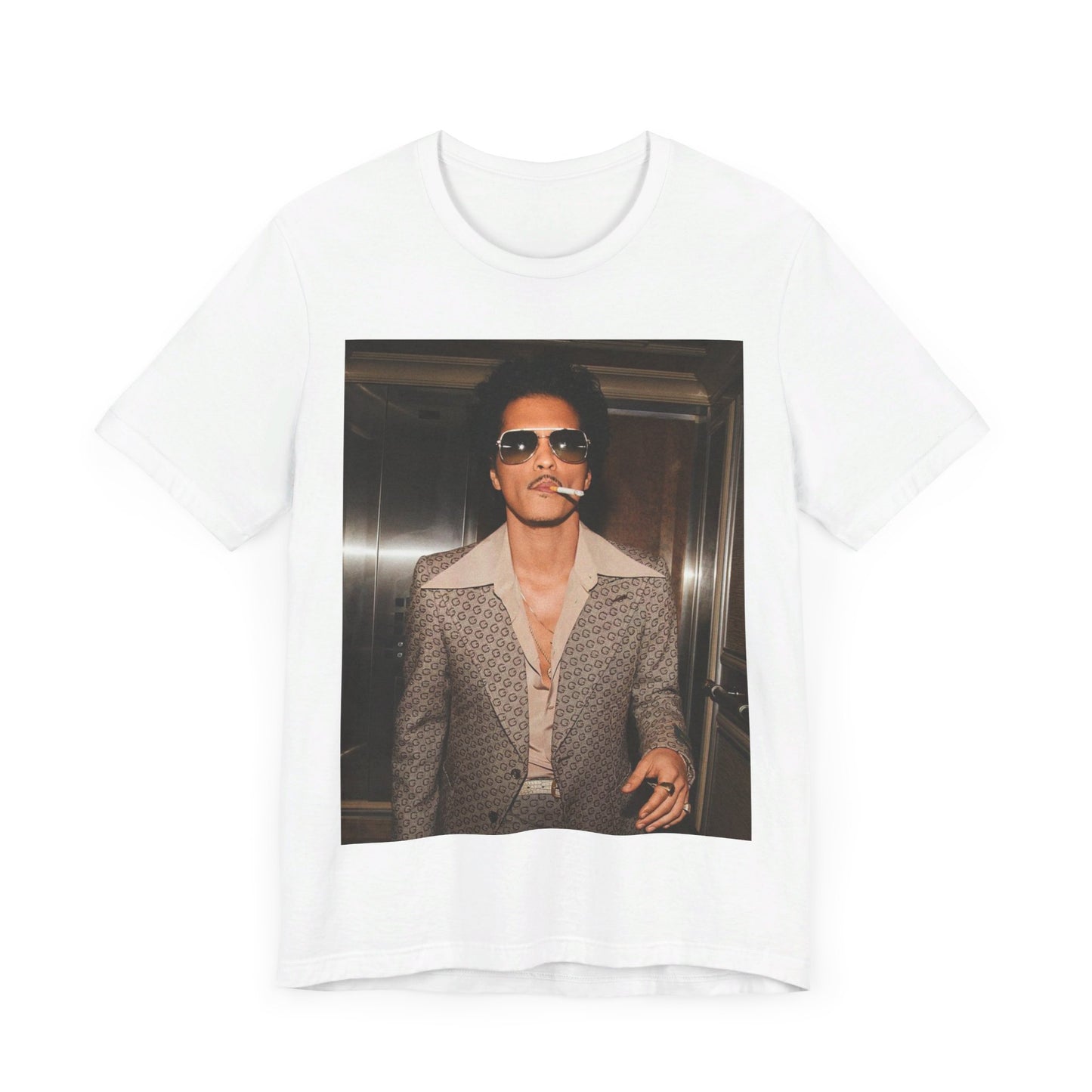 A black graphic t-shirt featuring a retro photo of Bruno Mars with a funk-inspired aesthetic.