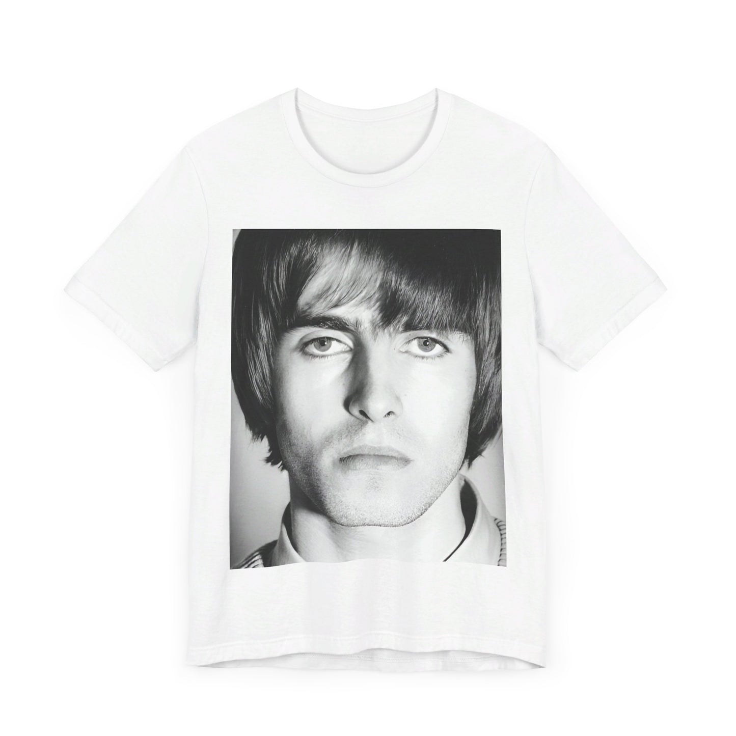 A black graphic t-shirt featuring a 90s portrait photo of Liam Gallagher from Oasis.