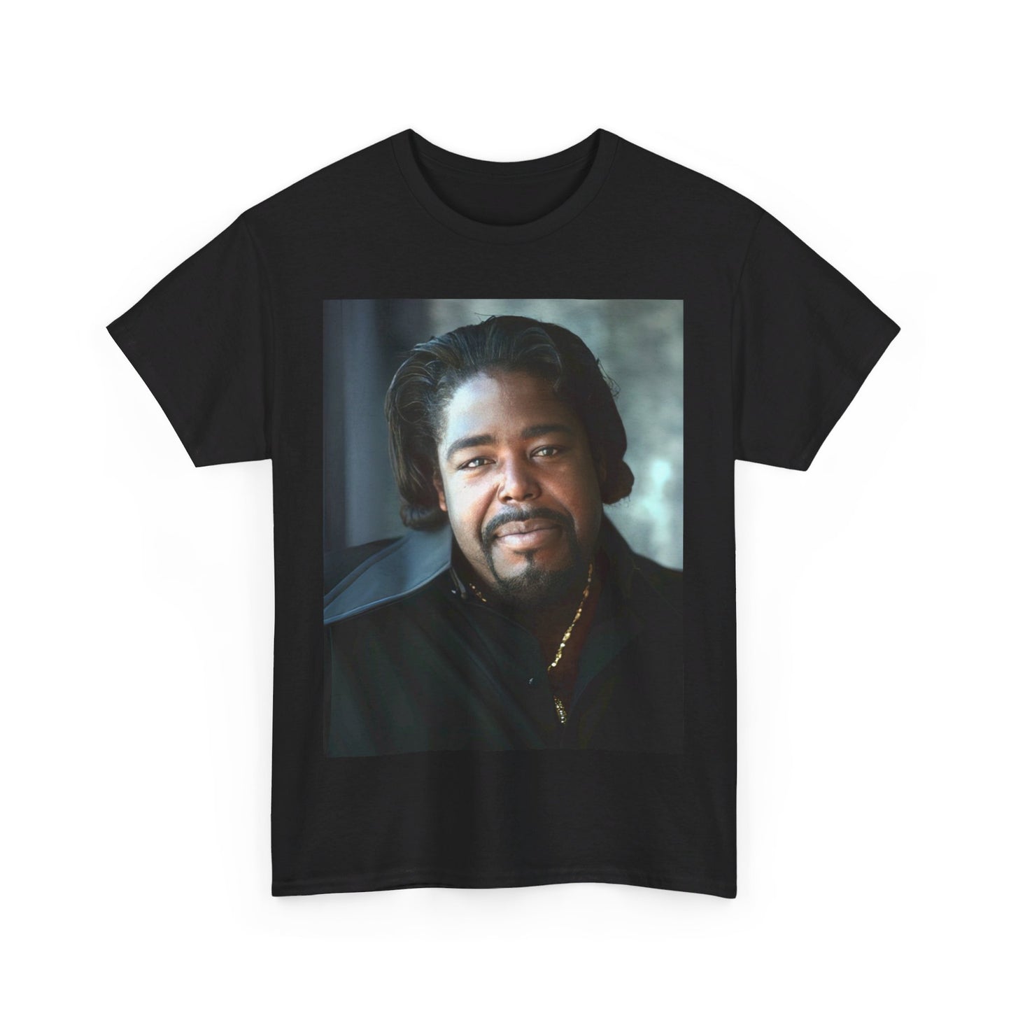 A black graphic t-shirt featuring a retro pop art portrait graphic of Barry White from the 1970s.