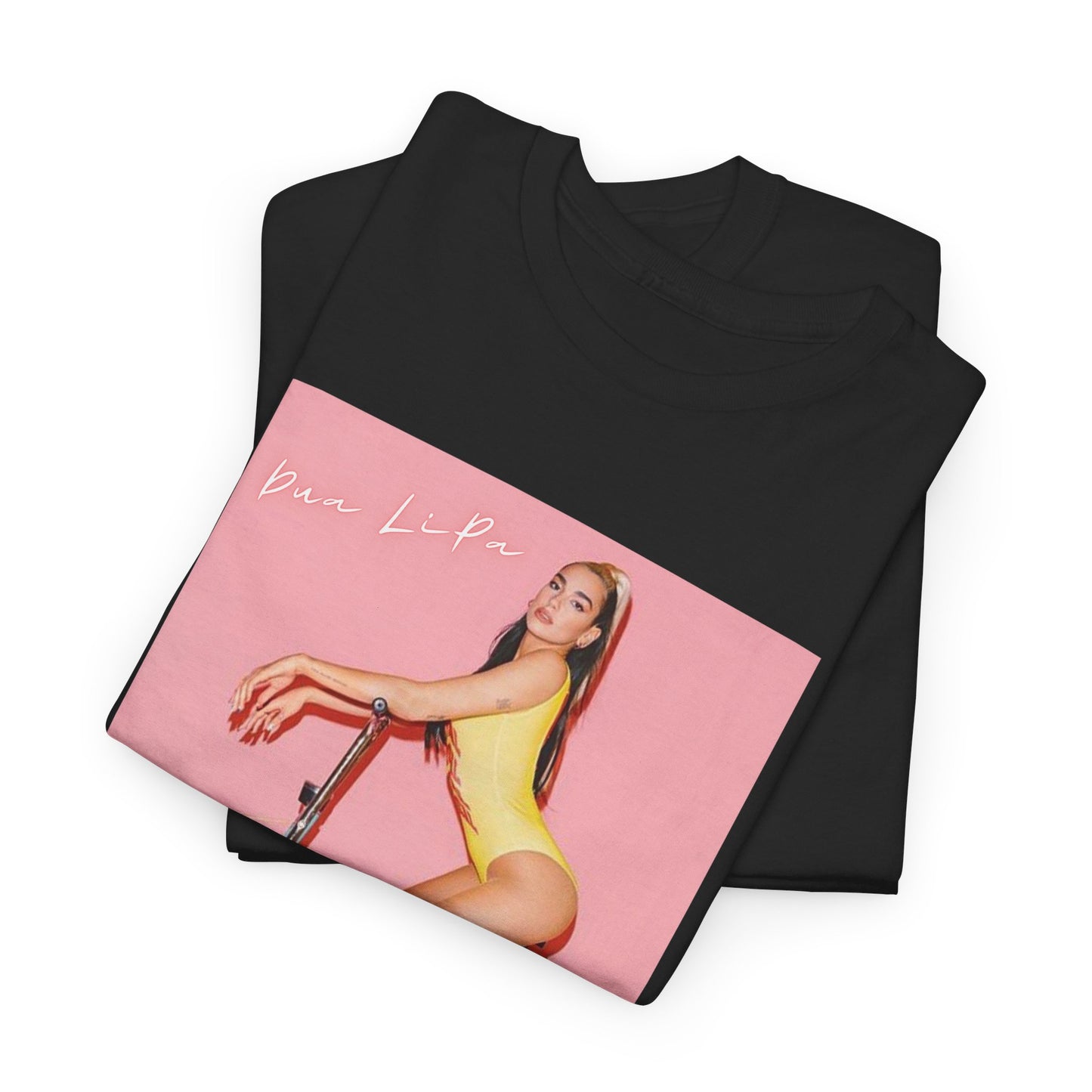A black graphic t-shirt featuring a bold graphic inspired by Dua Lipa's "Physical" song, possibly with workout themes.