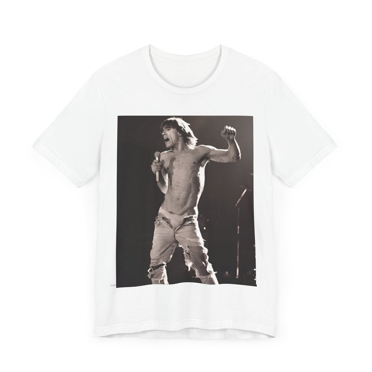 A black graphic t-shirt featuring a black and white graphic or photo of Iggy Pop performing live on stage.