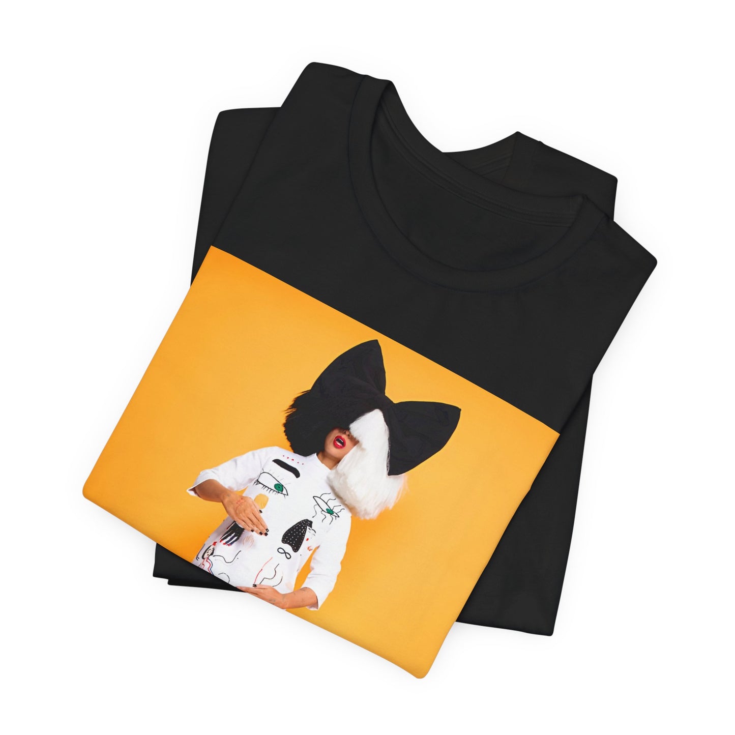 A black graphic t-shirt featuring a graphic of Sia as an art pop visionary.