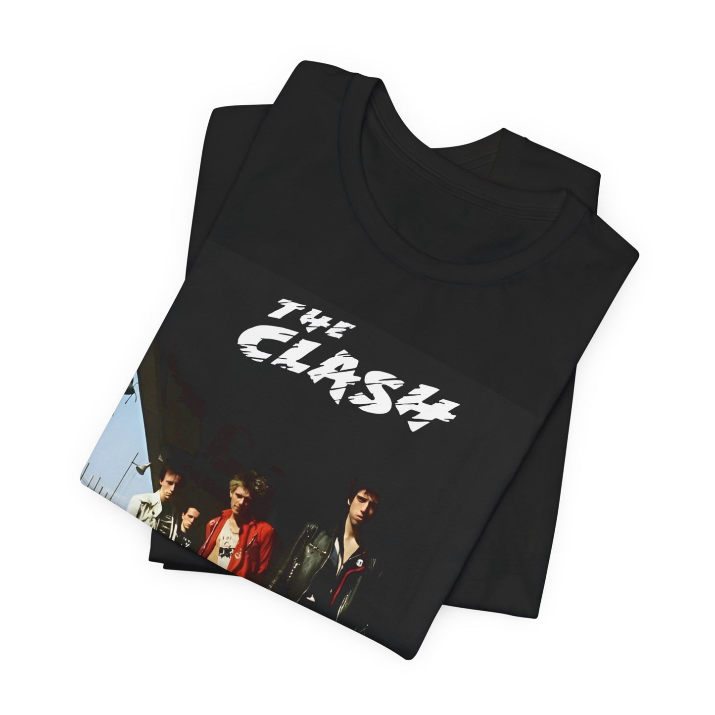 A black graphic t-shirt featuring a retro graphic related to The Clash's 'Rock the Casbah' song or era.