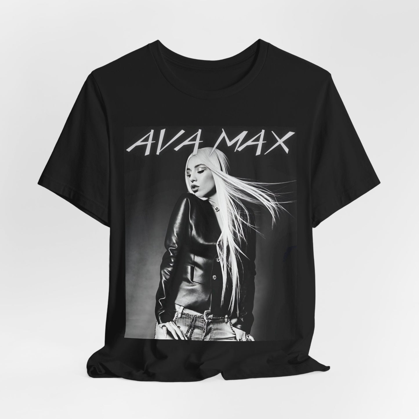 A black graphic t-shirt featuring a black and white portrait photo of Ava Max.