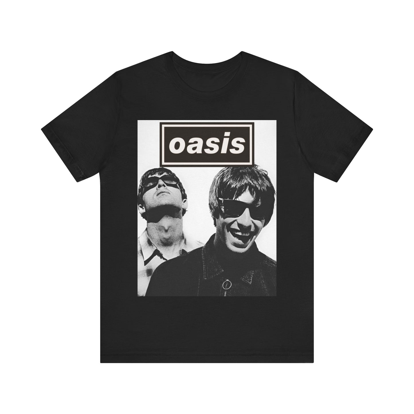 A black graphic t-shirt featuring a bold rock superstar graphic of Oasis.