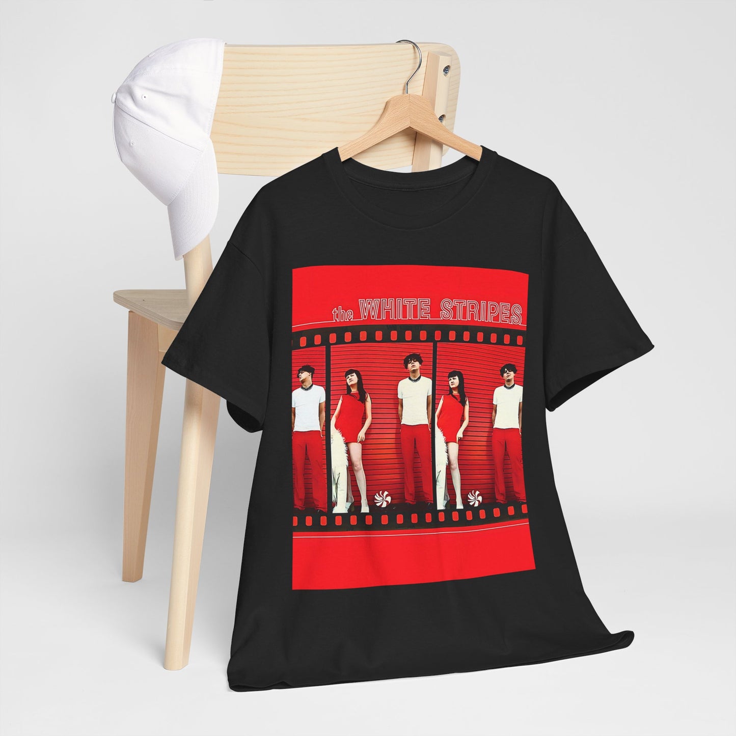 A black graphic t-shirt featuring an authentic blues rock duo graphic of The White Stripes.